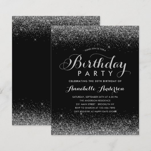 Budget Black Silver Grau Glitzer jedes Alter Gebur (Vorne/Hinten)