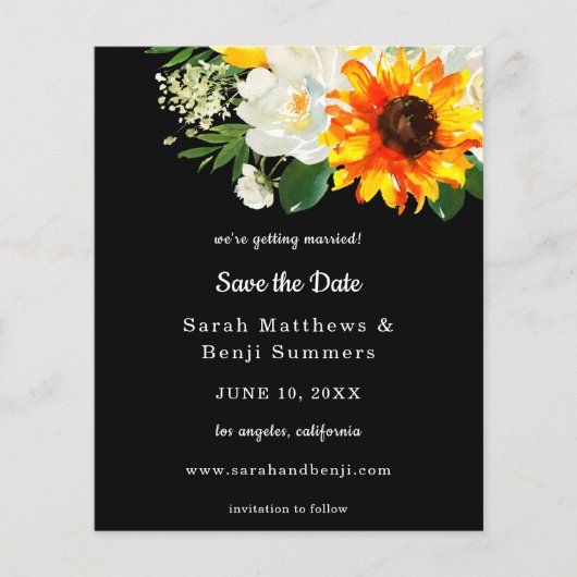 Budget Black Sunflower & Whi Floral Save the Date Flyer (Vorne)