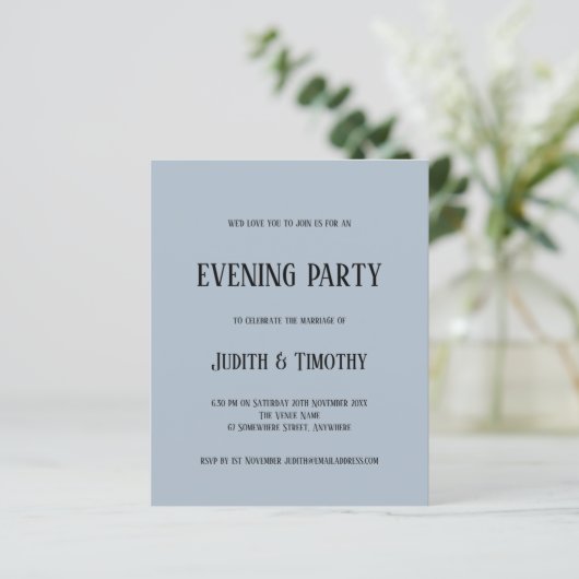 Budget Black Text Dusty Blue Abend Party laden (Stehend Vorderseite)
