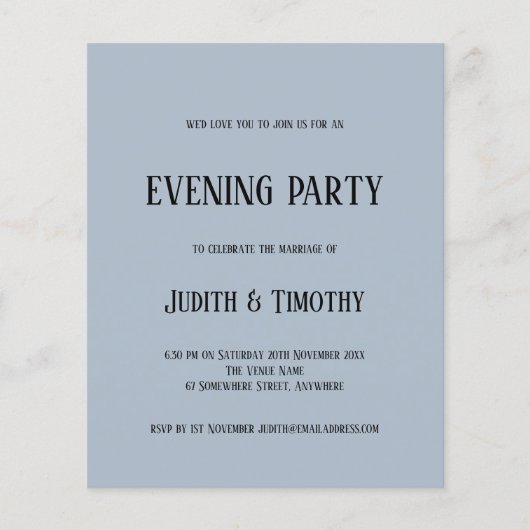 Budget Black Text Dusty Blue Abend Party laden (Vorderseite)