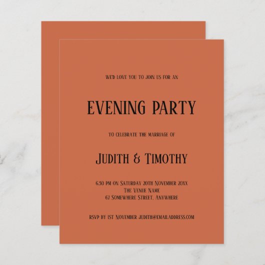 Budget Black Text Terracotta Abend Party Einladung (Vorne/Hinten)