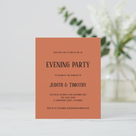 Budget Black Text Terracotta Abend Party Einladung (Stehend Vorderseite)