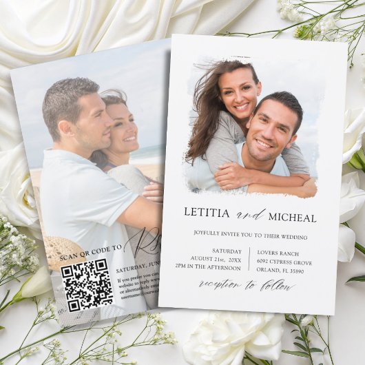 Budget Black & White 2 Foto QR Einladung Hochzeit