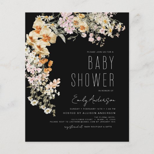 Budget Black Wildblume Boho Babydusche Flyer (Vorne)