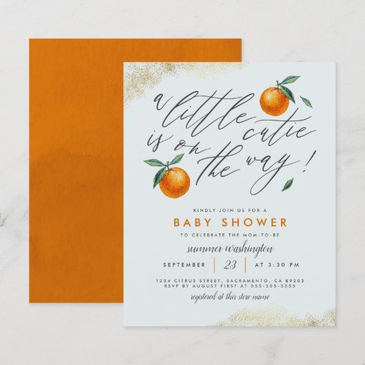 Budget Blau Eine kleine Süsse Orange Baby Dusche (Vorne/Hinten)