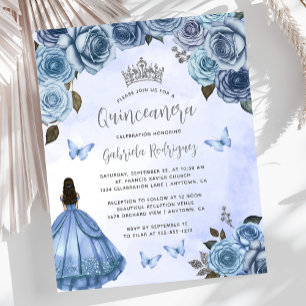 Budget Blaue Silber Blumen Quinceañera Einladung
