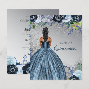 Budget Blaues Glitter-Kleid Quinceañera-Einladung
