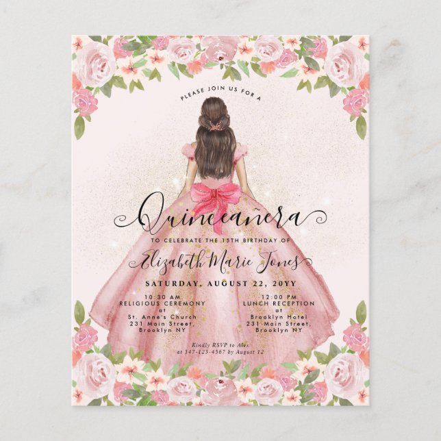 Budget Bloral Pink Gold Princess Quinceanera (Vorderseite)