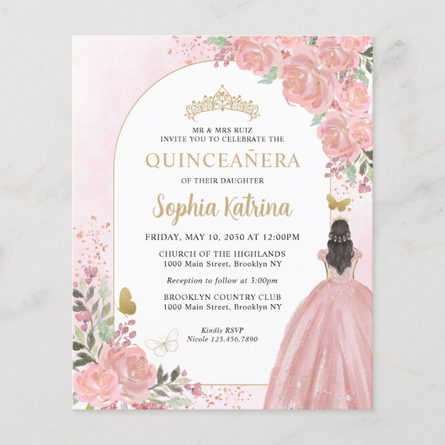 Budget Bloral Pink Gold Princess Quinceanera (Vorderseite)