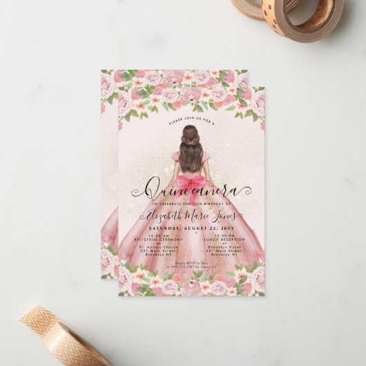 Budget Bloral Pink Gold Princess Quinceanera Mitteilungskarte (Vorderseite/Rückseite Beispiel)