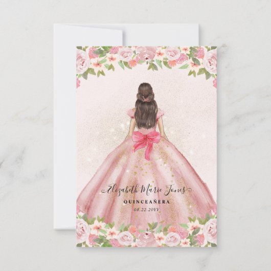 Budget Bloral Pink Gold Princess Quinceanera Mitteilungskarte (Rückseite)