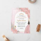 Budget Bloral Pink Gold Princess Quinceanera Mitteilungskarte (Vorderseite/Rückseite Beispiel)