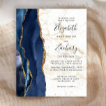 Budget Blue Agate Gold Marmor Hochzeitseinladung<br><div class="desc">Die links Kulisse dieser eleganten,  modernen Hochzeitseinladung besticht durch eine marineblau-blaue Aquarellgrenze mit vergoldetem Imitat-Glitzer. Der anpassbare Text verbindet dunkelmarineblaue Schrift mit schwarzem Kupferstich und kursiven Schriftart auf weißem und goldgelbem Marmorhintergrund. Auf der Rückseite ist ein passendes marineblau-goldfarbenes Design zu sehen.</div>