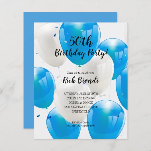 Budget Blue Balloons Geburtstagsparty Einladungen (Vorne/Hinten)