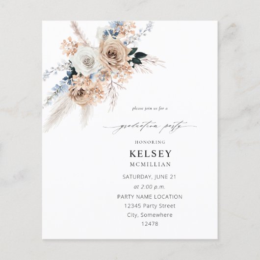 Budget Blue & Beige Boho Floral Graduation Party (Vorderseite)