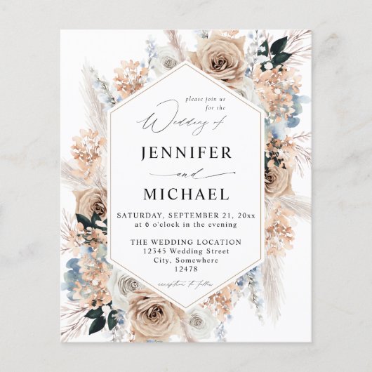 Budget Blue & Beige Boho Floral Wedding Flyer (Vorne)