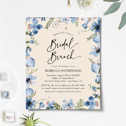 Budget Blue Beige Floral Bridal Brunch Einladung
