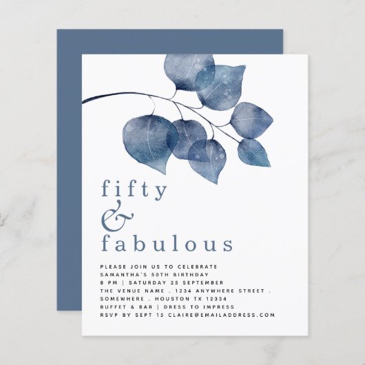 Budget Blue Blätter 50. Geburtstag Einladung (Vorne/Hinten)