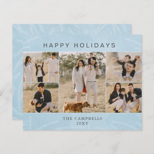 Budget Blue Botanic 5 Foto Collage Holiday Card (Vorne/Hinten)