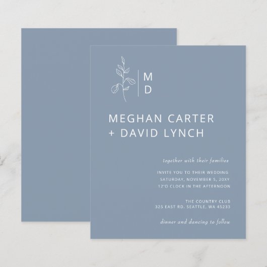 Budget Blue Botanical Monogram Wedding Einladung (Vorne/Hinten)
