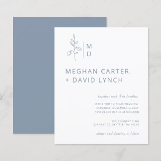 Budget Blue Botanical Monogram Wedding Einladung