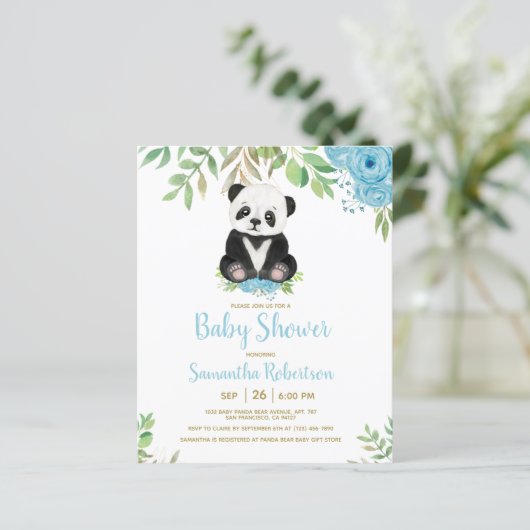 Budget Blue Boy Bear Floral Baby Dusche Einladung (Stehend Vorderseite)