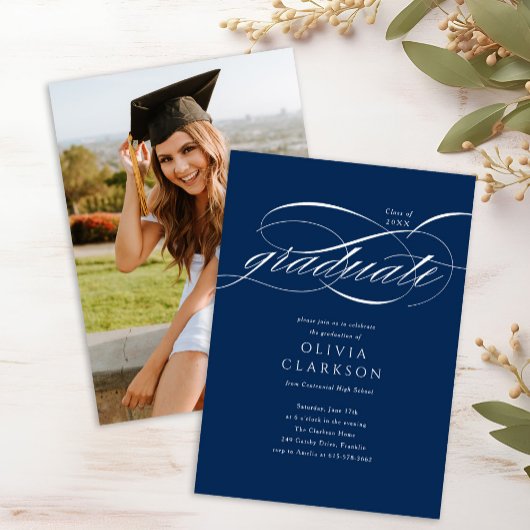 Budget Blue Elegant Script Foto Graduation Party Einladung