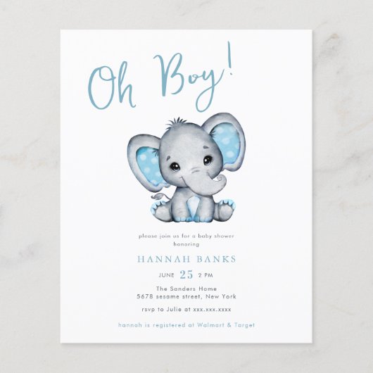 Budget Blue Elephant Baby Boy Dusche Einladung Flyer (Vorne)