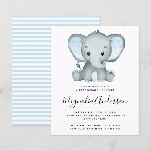 BUDGET Blue Elephant Baby Dusche Einladung (Vorne/Hinten)