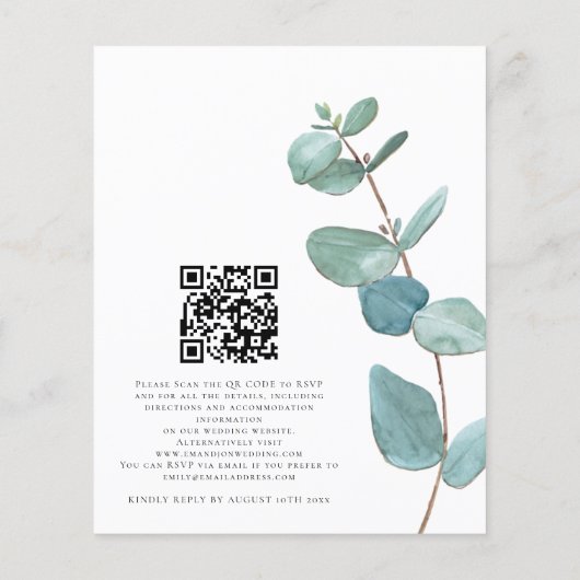 Budget Blue Eucalyptus QR Code Hochzeitsempfehlung (Rückseite)
