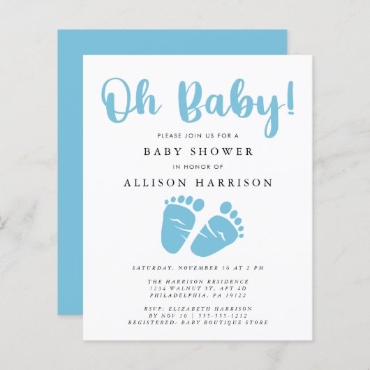 Budget Blue Feet Babydusche Einladung (Vorne/Hinten)