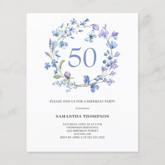 Budget Blue Floral 50. Geburtstag Einladung