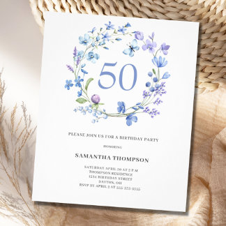 Budget Blue Floral 50. Geburtstag Einladung Flyer