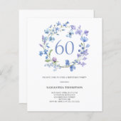 Budget Blue Floral 60. Geburtstag Einladung (Vorne/Hinten)
