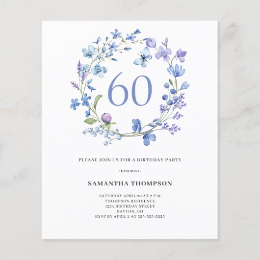 Budget Blue Floral 60. Geburtstag Einladung (Vorderseite)