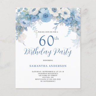 Budget Blue Floral 60. Geburtstag Einladung Flyer