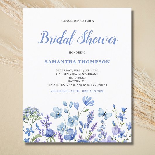 Budget Blue Floral Bridal Dusche Einladung