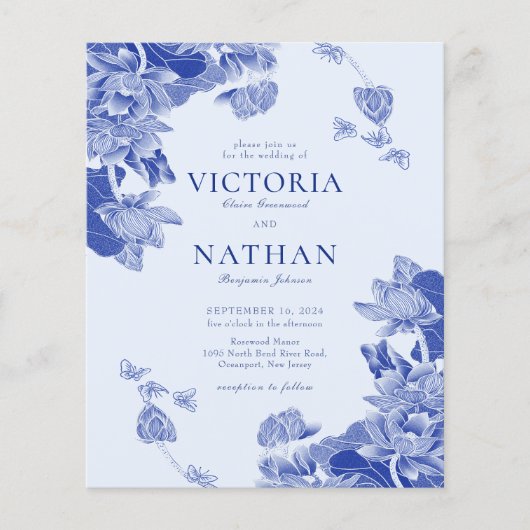 Budget Blue Floral Chinoiserie Chic Foto Hochzeit (Vorderseite)