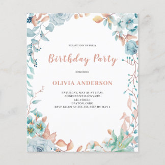 Budget Blue Floral Geburtstag Einladung Flyer