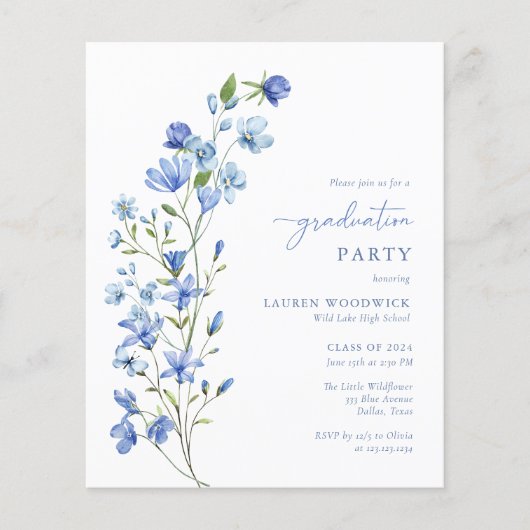 Budget Blue Floral Girl Graduation Party lädt ein (Vorderseite)