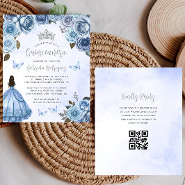Budget Blue Floral QR Code Quinceañera Einladung