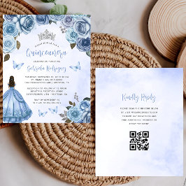 Budget Blue Floral QR Code Quinceañera Einladung