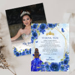 Budget Blue Floral Quinceañera Foto Vielen Dank<br><div class="desc">Modern Navy Blue Gold Glitzer Sparkle Floral Rose Butterfly Prinzessin Tiara Crown Quinceañera Birthday Foto Danke Karte</div>