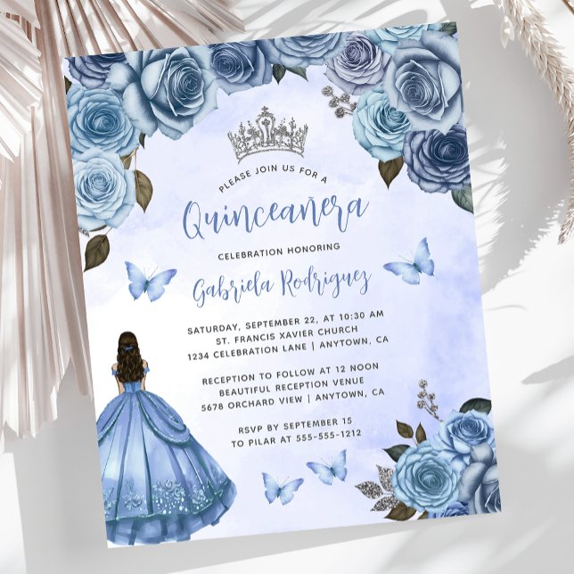 Budget Blue Floral Rose Quinceañera Einladung (Von Creator hochgeladen)