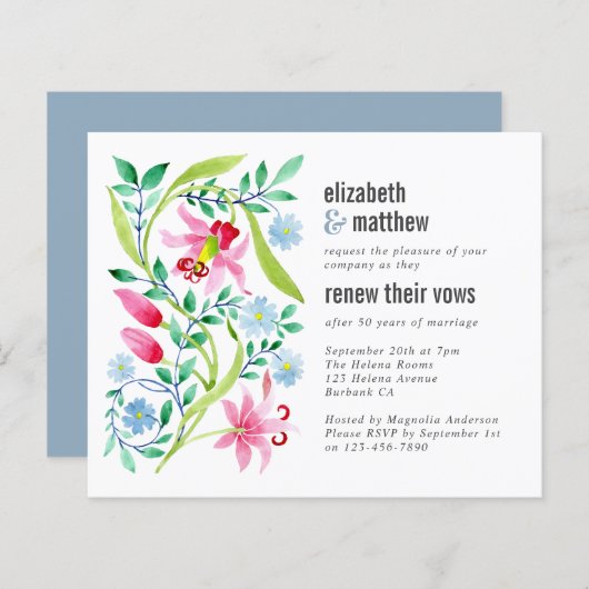 Budget Blue Floral Vow Erneuerende Einladung (Vorne/Hinten)