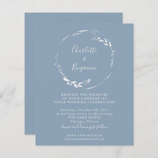 Budget Blue Floral Wreath Script Einladung (Vorne/Hinten)