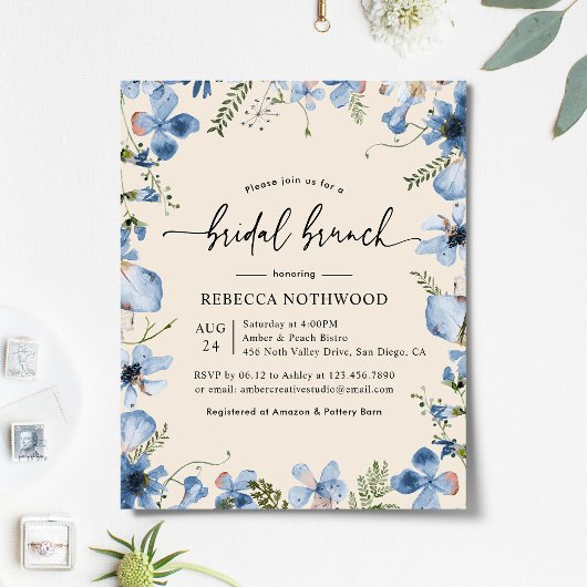 Budget Blue Florals Bridal Brunch Beige Einladung