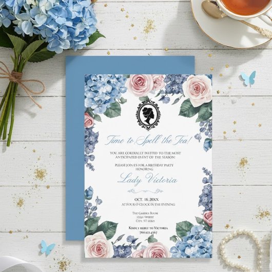Budget Blue Florals Bridgerton Birthday Party Einladung