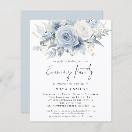 Budget Blue Florals QR Code Wedding Abend Party (Vorne/Hinten)