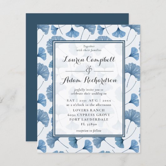 Budget Blue Foliage Watercolor Einladung (Vorne/Hinten)